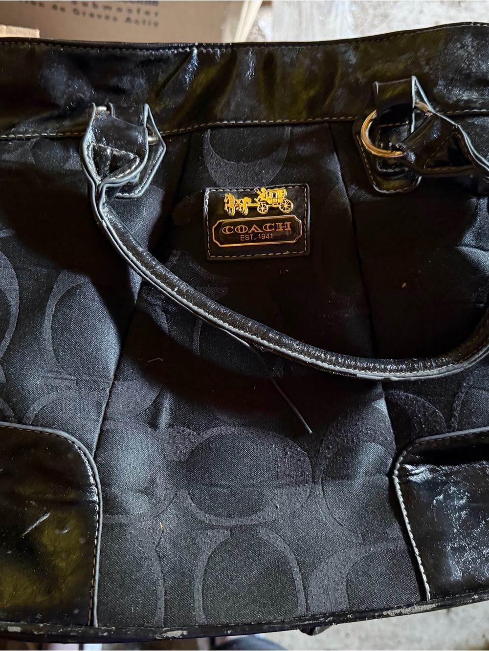 Coach Black Signature Logo Tote with Gold Plaque